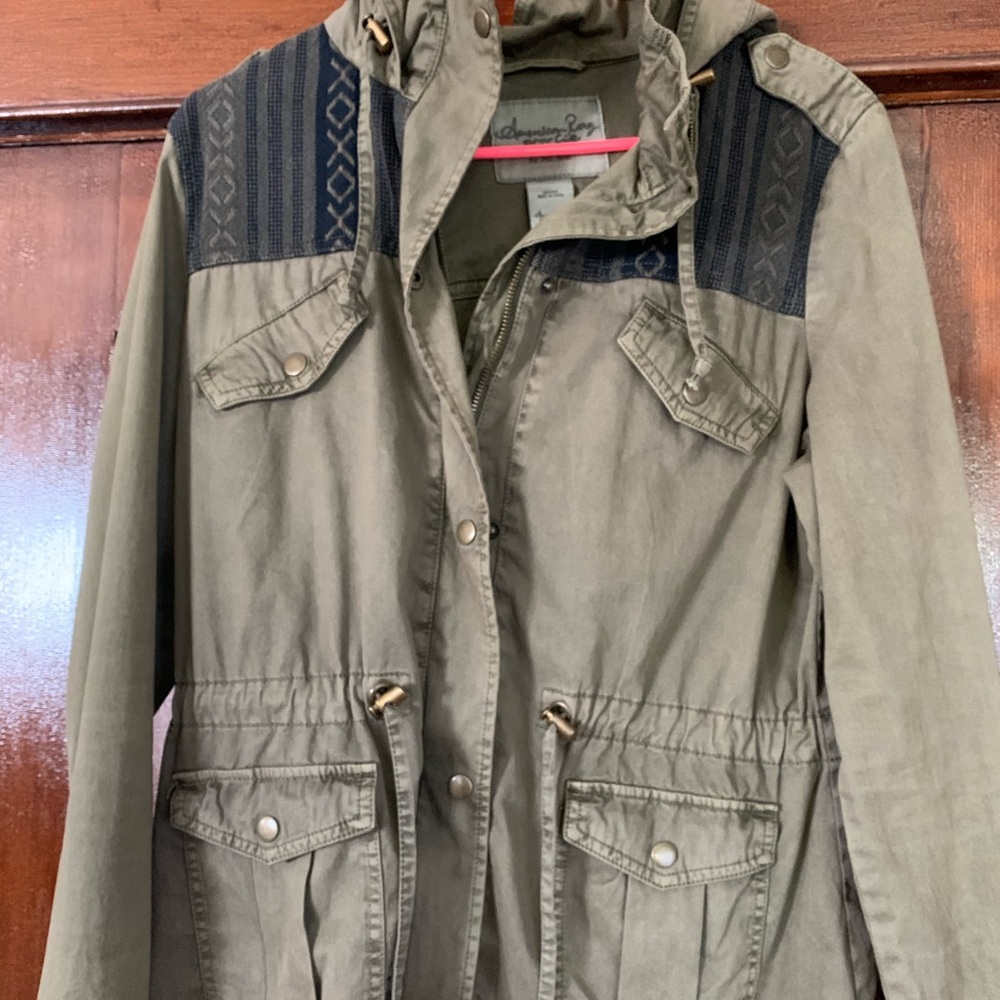 American Rag Olive Green Utility Anorak Jacket with Navy Shoulder Panels